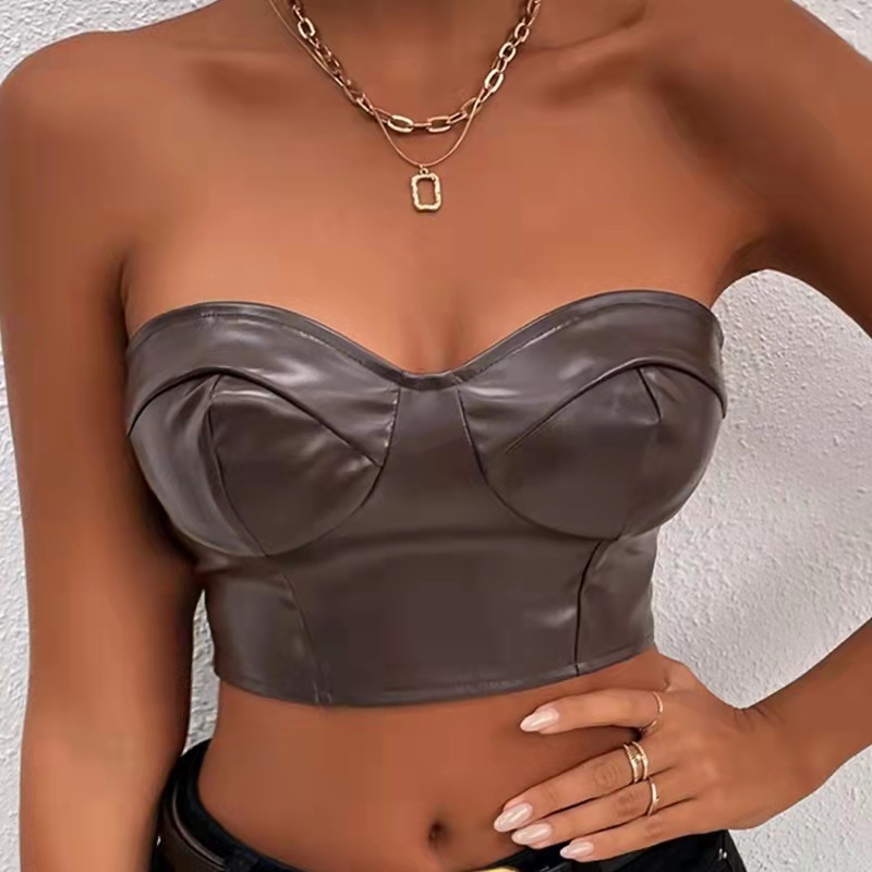 OM-2025 Solid Color Glossy Leather Wrap-Around Cropped Crop Top for Women